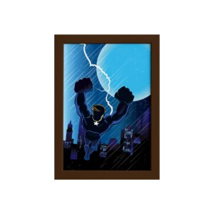 Quadro Super Heróis Geek Azul Raio Moldura Marrom