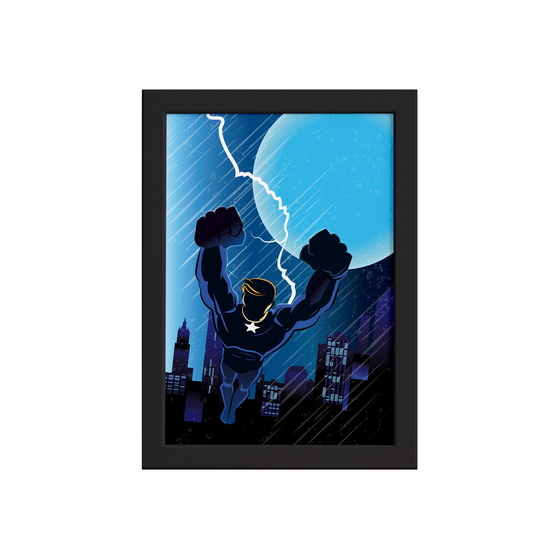 Quadro Super Heróis Geek Azul Raio Moldura Preta
