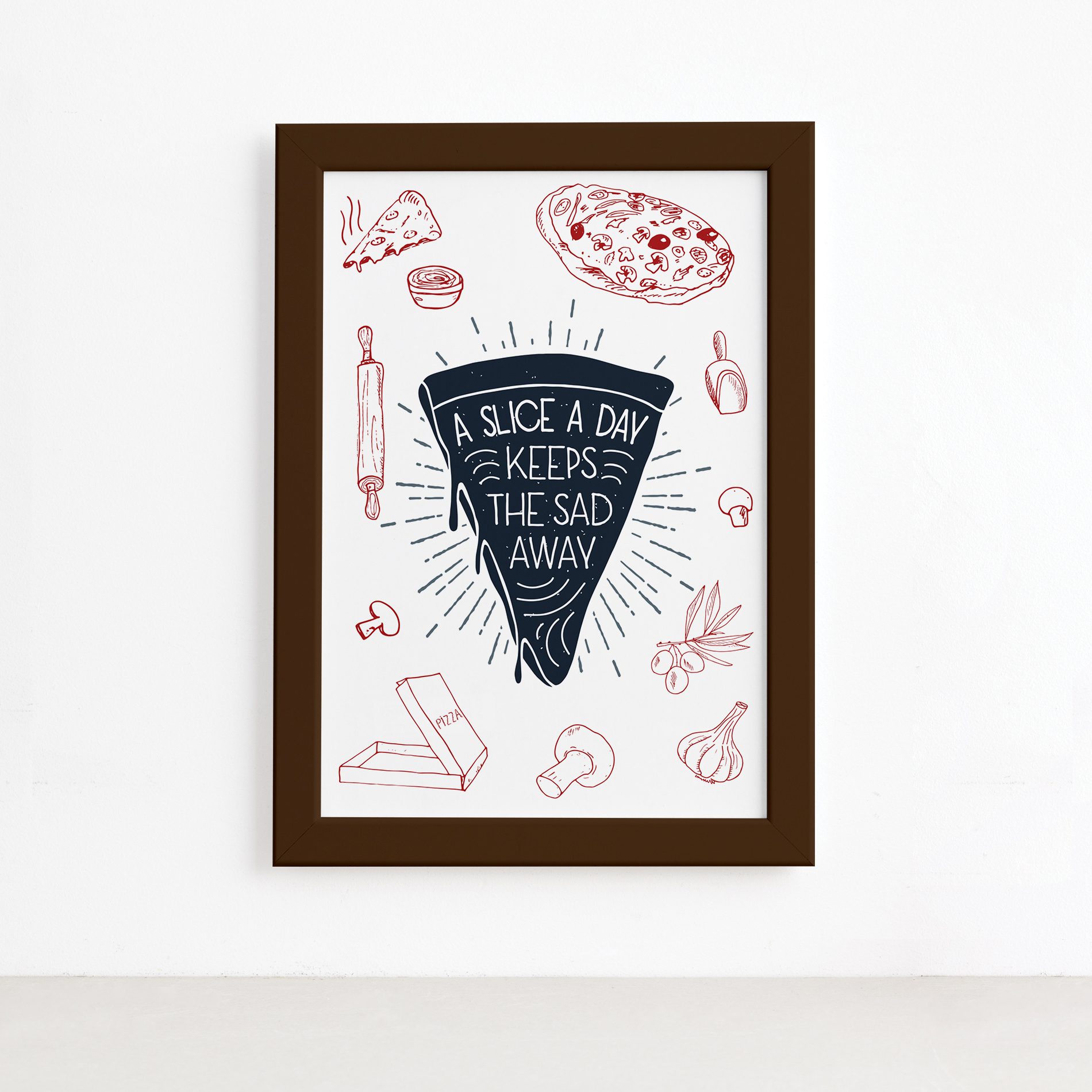 Quadro Cozinha Pizza Frase Slice a Day Moldura Marrom 22x32,Quadro Cozinha Pizza Frase Slice a Day Moldura Marrom 22x32
