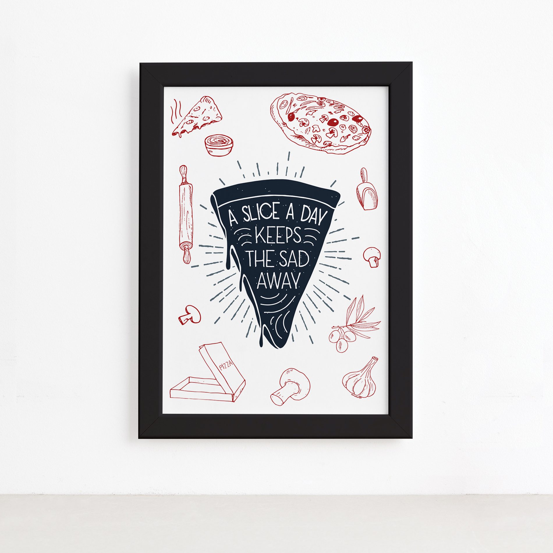 Quadro Cozinha Pizza Frase Slice a Day Moldura Preta 22x32,Quadro Cozinha Pizza Frase Slice a Day Moldura Preta 22x32
