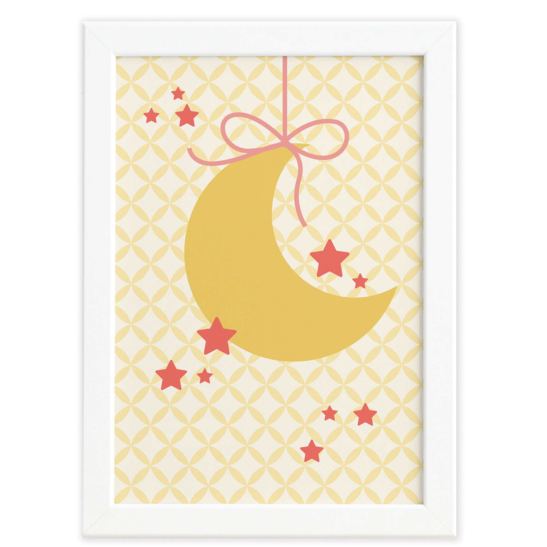 Quadro Decorativo para Quarto de Bebê Lua e Estrelas 22x32cm Moldura Branca