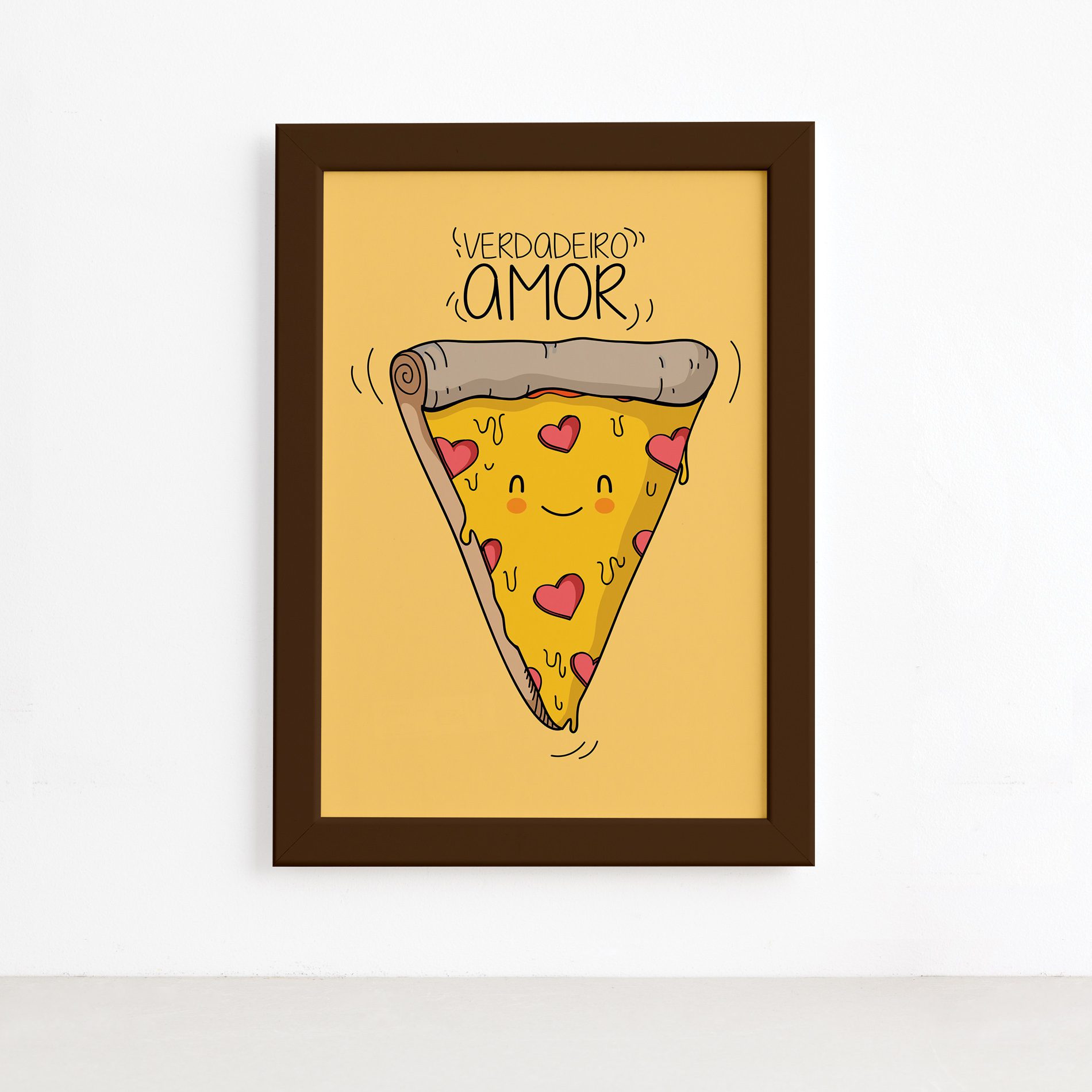 Quadro Cozinha Pizza Frase Amor Moldura Marrom 22x32cm,Quadro Cozinha Pizza Frase Amor Moldura Marrom 22x32cm