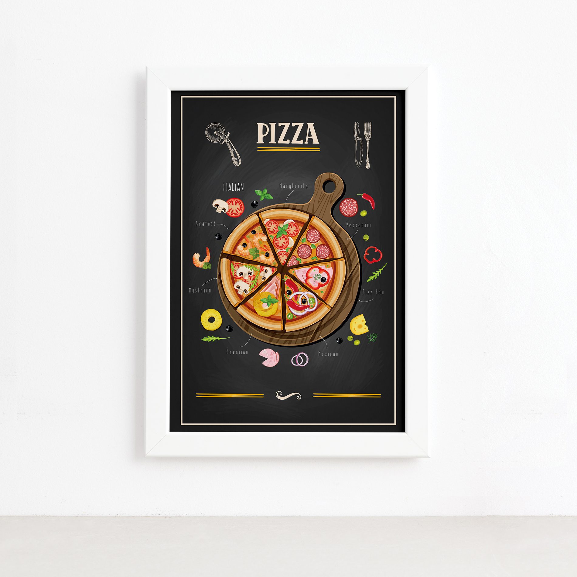 Quadro para Cozinha Pizza Moldura Branca 22x32cm,Quadro para Cozinha Pizza Moldura Branca 22x32cm