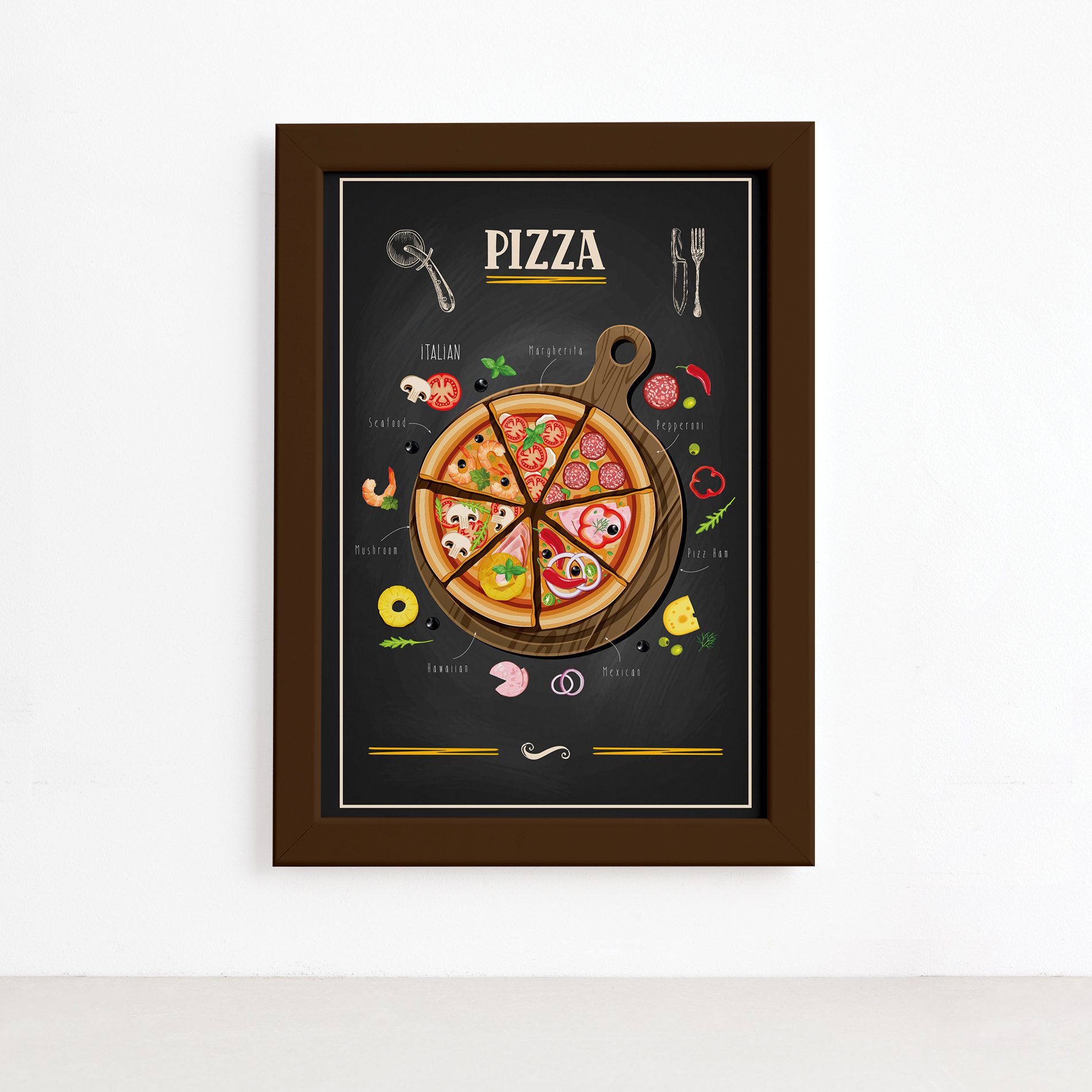 Quadro para Cozinha Pizza Moldura Marrom 22x32cm,Quadro para Cozinha Pizza Moldura Marrom 22x32cm
