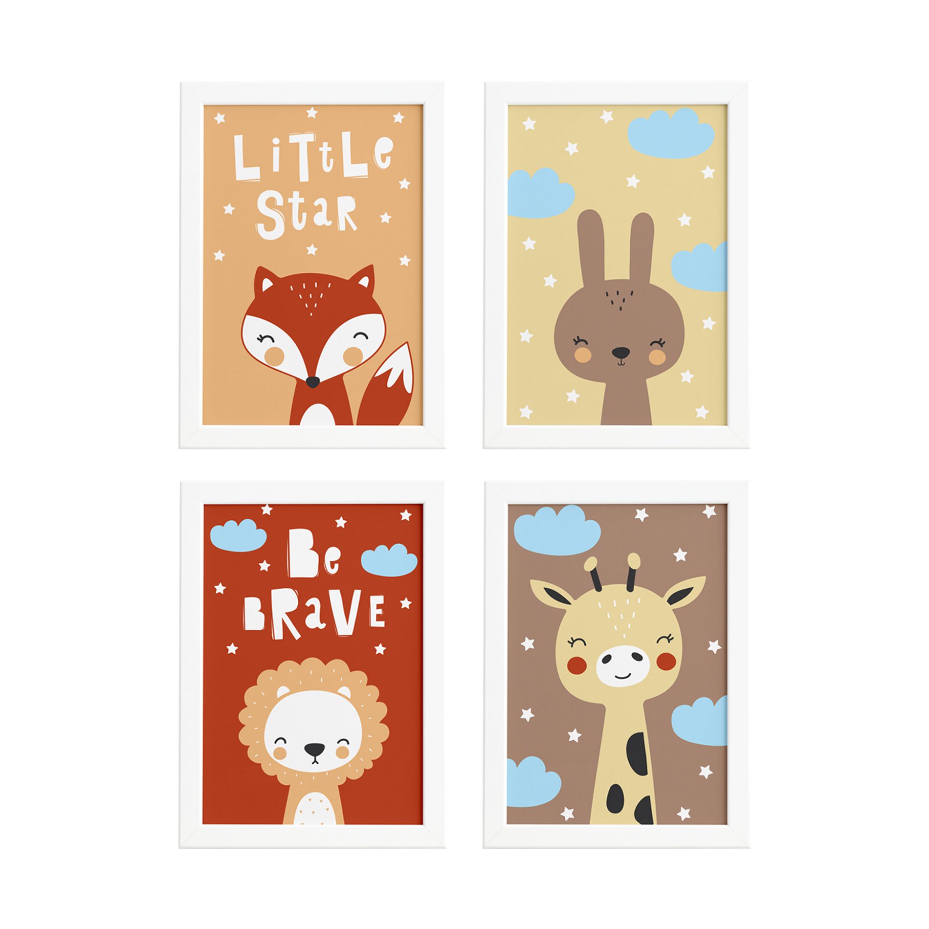 Imagem ilustrativa do conjunto de quadros decorativos para quarto infantil com moldura branca e dimensões 22x32 cm.