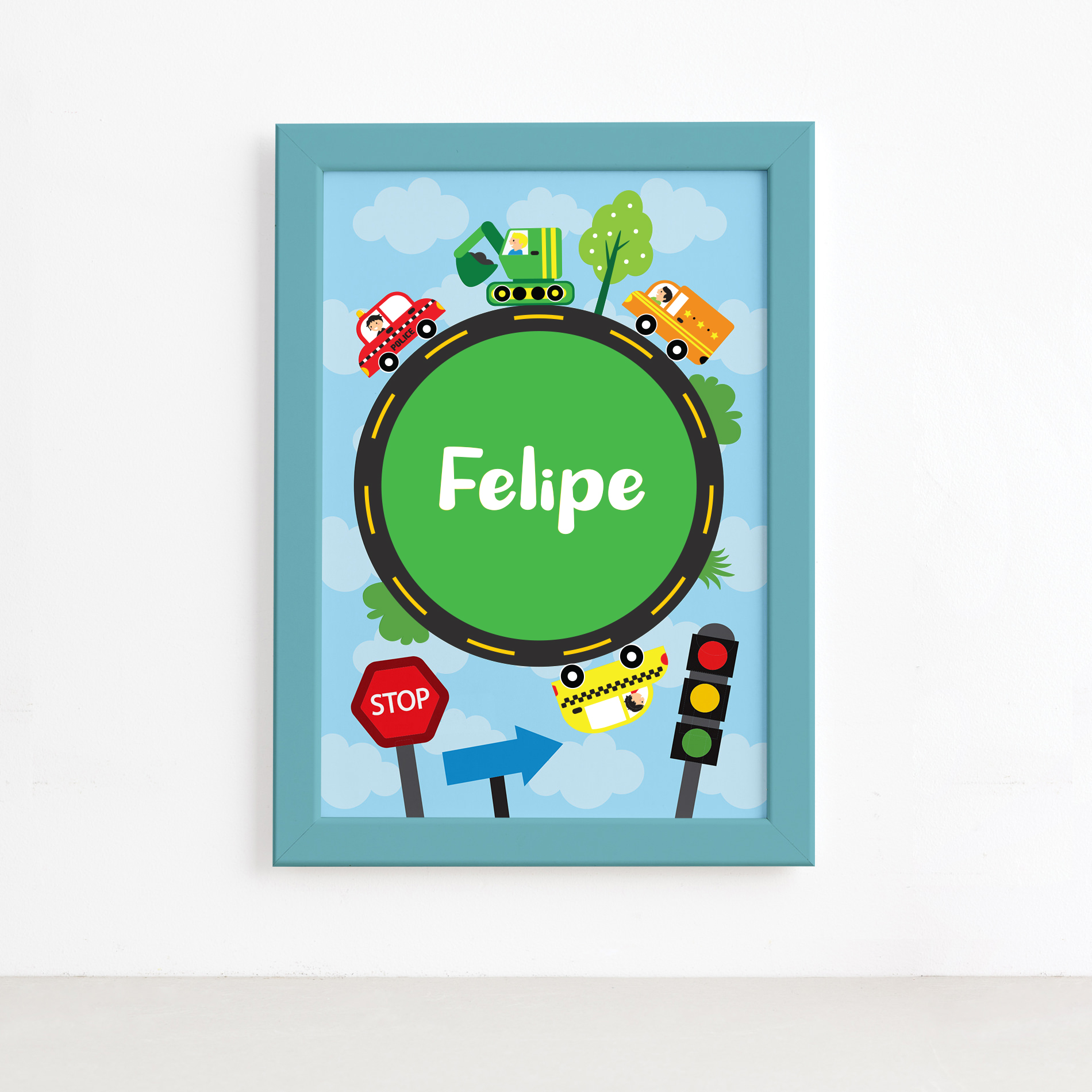 Imagem do quadro decorativo infantil personalizado com moldura azul, mostrando detalhes da moldura e sistema de fixação