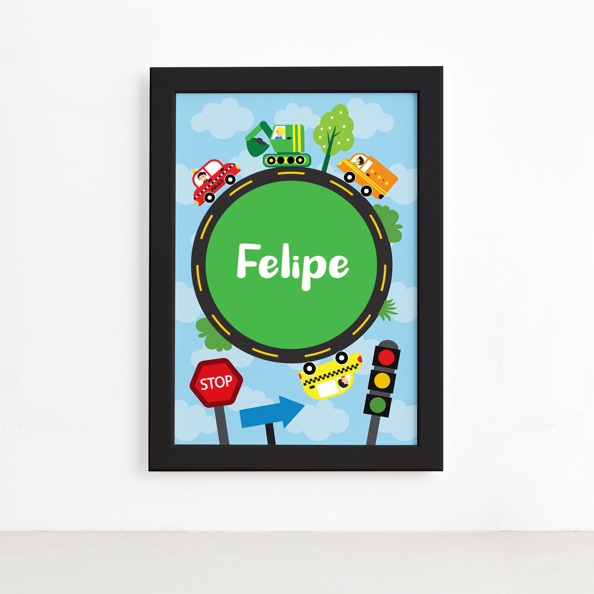 Imagem do quadro decorativo personalizado com moldura preta e tema Carros na Cidade, mostrando detalhes da moldura e dimensões.