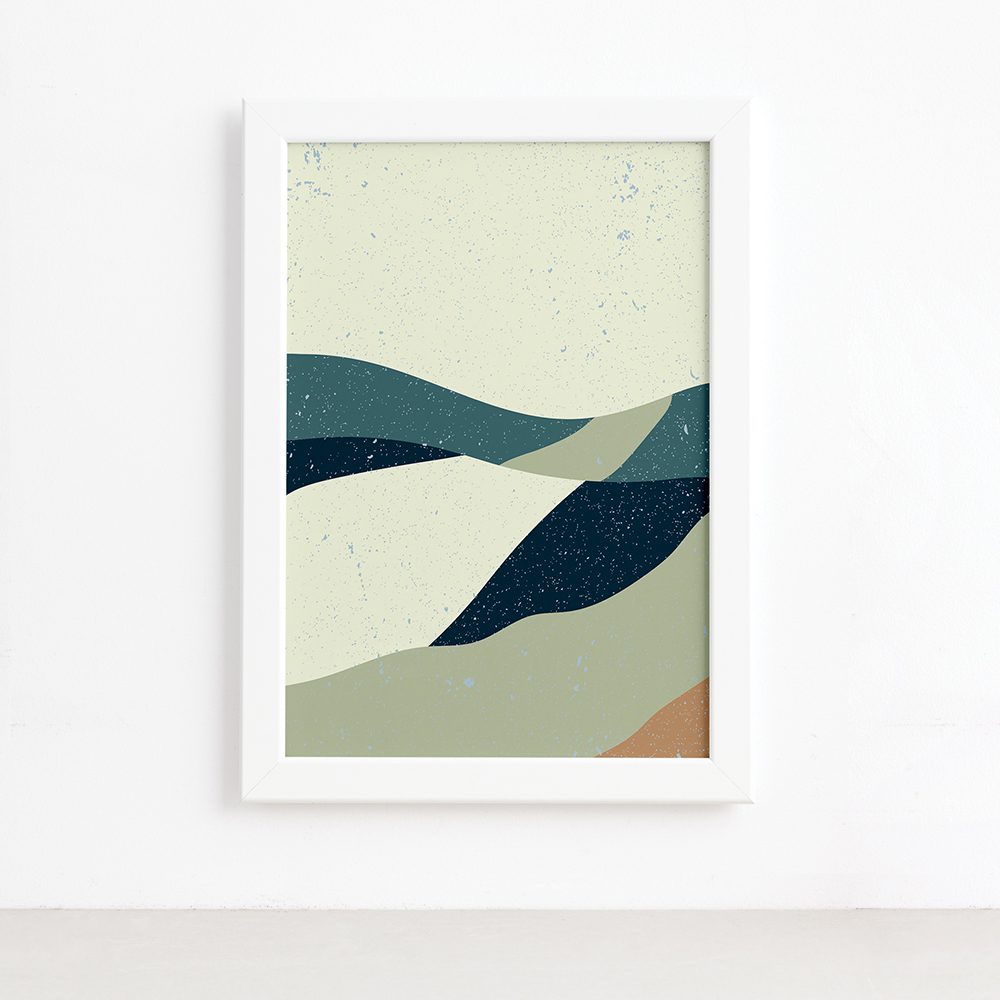 Quadro decorativo abstrato com moldura branca, mostrando detalhes da moldura e sistema de fixação.
