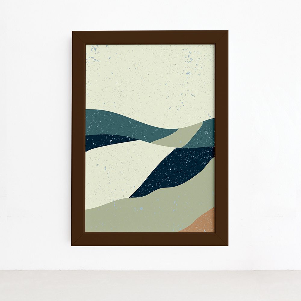 Imagem do quadro decorativo abstrato areia fria com moldura marrom mostrando detalhes e dimensões