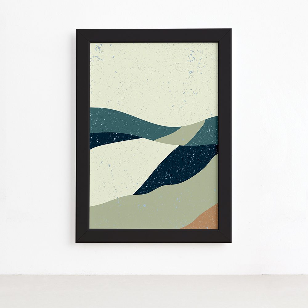 Imagem do quadro decorativo abstrato com moldura preta, mostrando detalhes da moldura e tamanho 22x32cm.