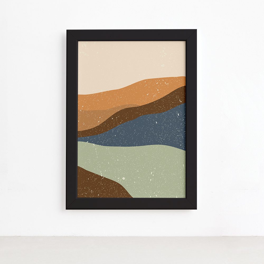 Imagem do quadro decorativo abstrato com moldura preta mostrando detalhes da moldura e do sistema de fixação pendurador dente de serra.
