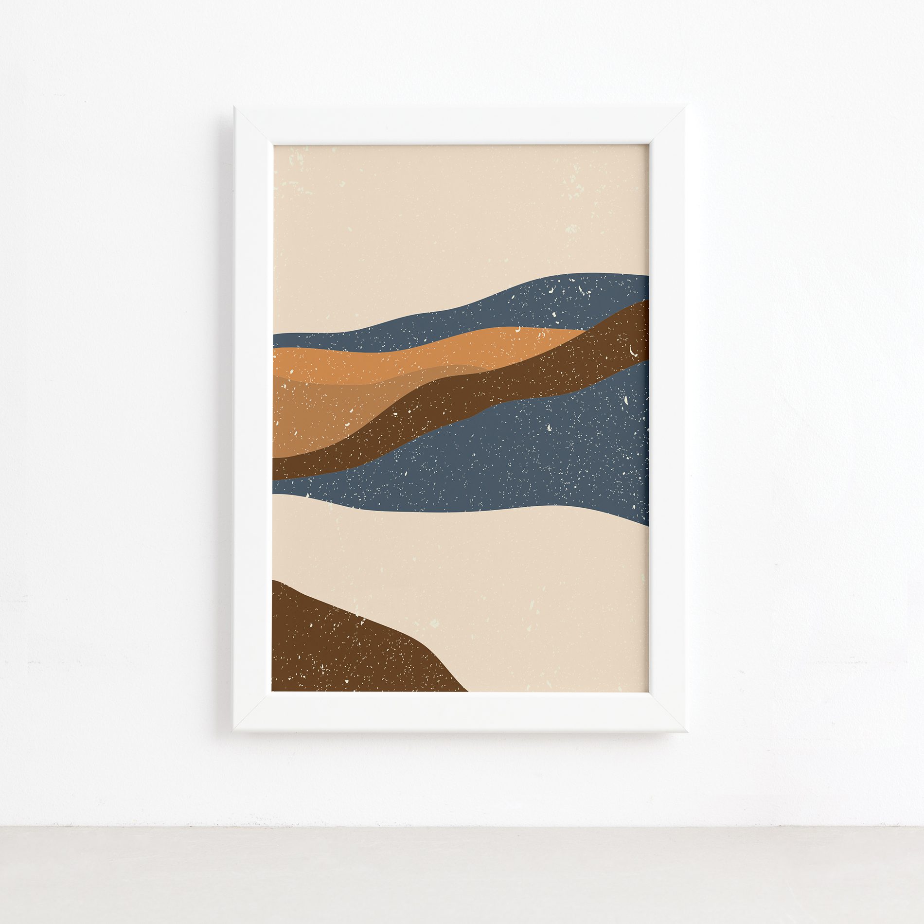 Imagem do quadro decorativo mostrando detalhes da moldura branca e do design abstrato.