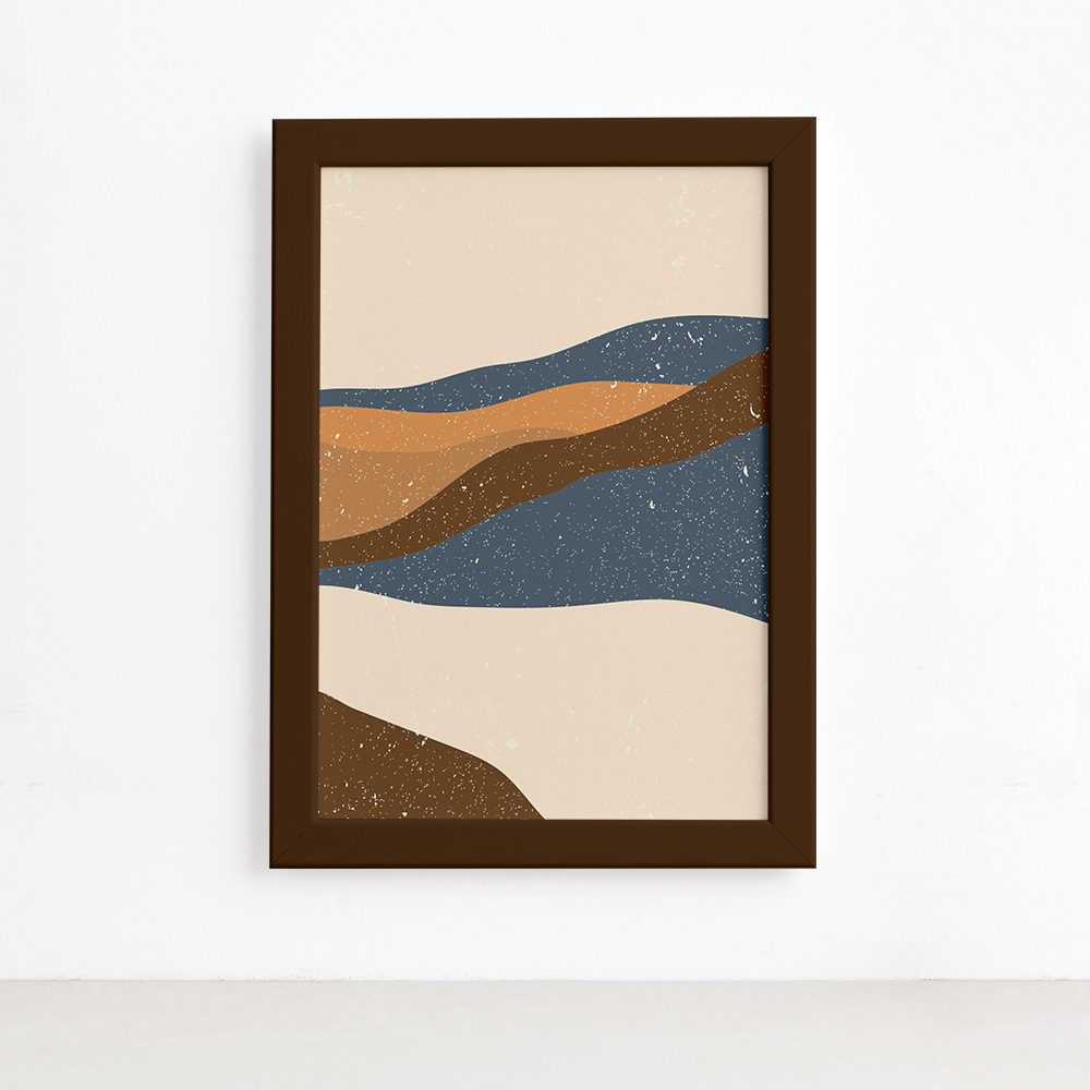 Imagem do quadro decorativo abstrato Dunas com moldura marrom, mostrando detalhes da moldura e fixação