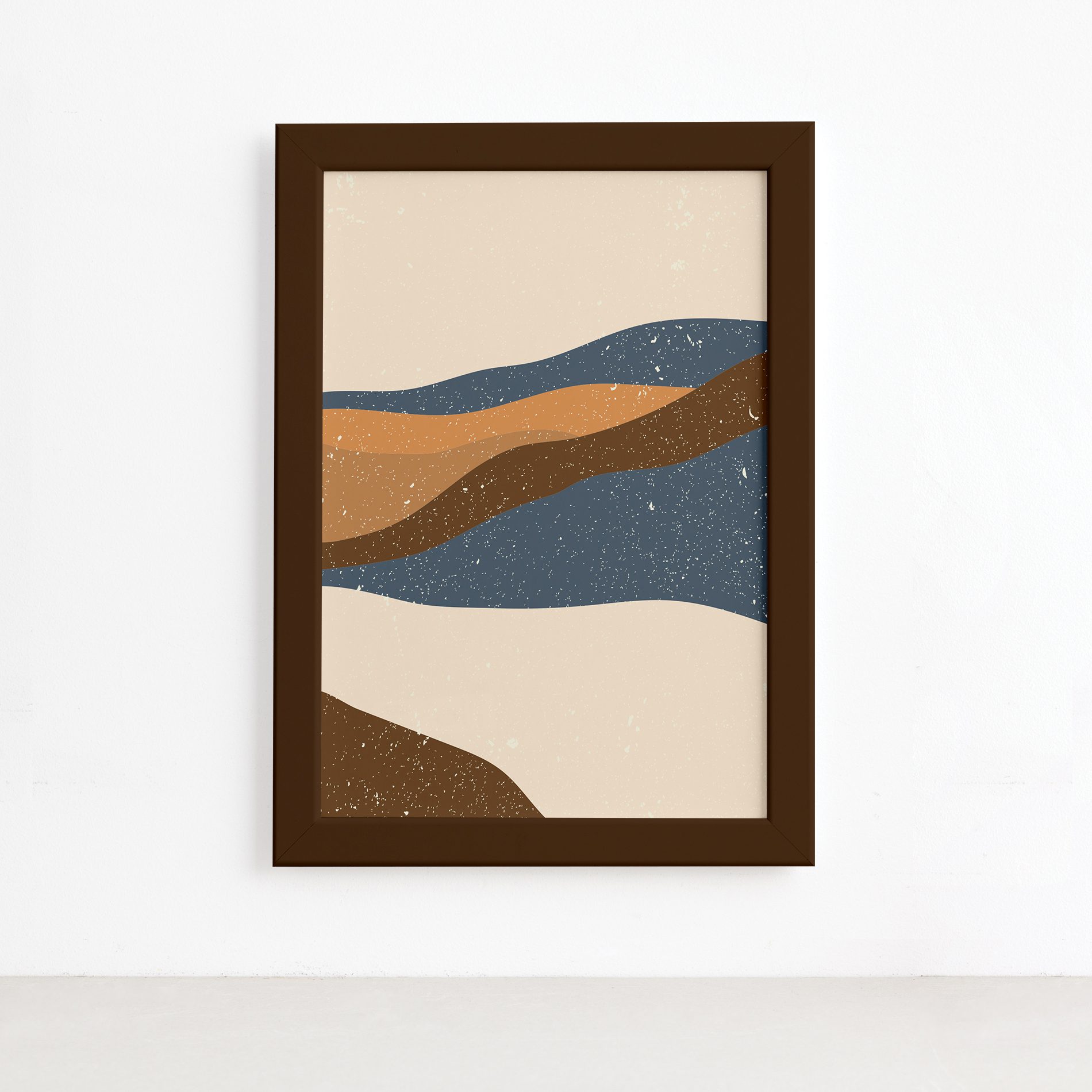 Imagem do quadro decorativo abstrato com moldura marrom, mostrando detalhes da moldura e dimensões.