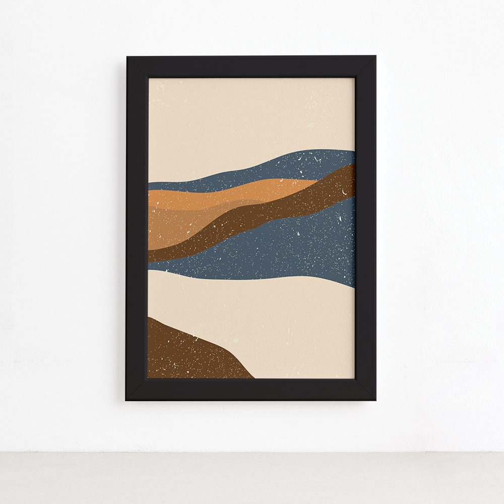 Imagem do quadro decorativo abstrato Dunas com moldura preta, mostrando detalhes da moldura e dimensões.
