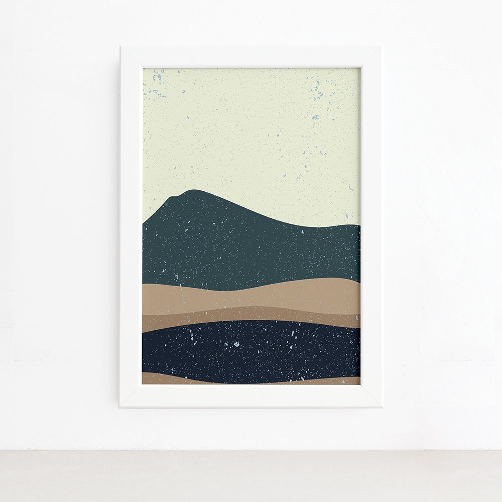 Imagem do quadro decorativo abstrato com moldura branca, mostrando detalhes da moldura e dimensões.