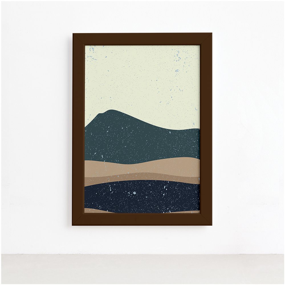 Quadro decorativo abstrato com moldura marrom, mostrando detalhes da moldura e tamanho