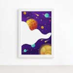 Quadro Decorativo Espaço Roxo Planetas Mold Branca 33x43cm