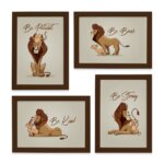 Quadro Decorativo Leão Pai e Filho Kit 4un Mold Marrom 22x32cm