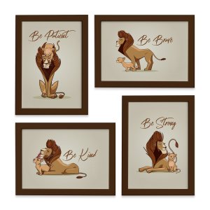 Quadro Decorativo Leão Pai e Filho Kit 4un Mold Marrom 33x43cm