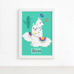 Quadro Decorativo Lhama Love Ciano 22x32cm Mold. Branca