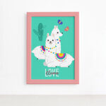 Quadro Decorativo Lhama Love Ciano 22x32cm Mold. Rosa