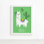 Quadro Decorativo Lhama Verde Hola 22x32cm Mold. Branca
