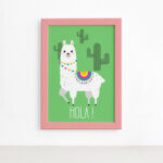 Quadro Decorativo Lhama Verde Hola 22x32cm Mold. Rosa