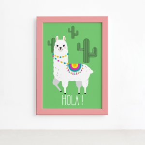 Quadro Decorativo Lhama Verde Hola 22x32cm Mold. Rosa