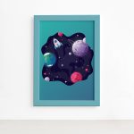 Quadro Espaço Foguetes e Planetas Mold Azul 22x32cm