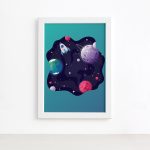 Quadro Espaço Foguetes e Planetas Mold Branca 22x32cm