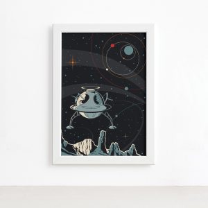 Quadro Espaço Retrô Foguete Esférico Mold Branca 33x43cm