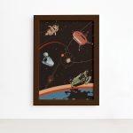 Quadro Espaço Retrô Vários Foguetes Mold Marrom 33x43 cm