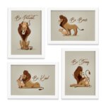 Quadro Infantil Animais Frase Leão Moldura Branca 4un 22x32cm
