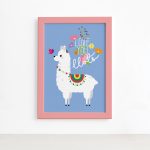 Quadro Infantil Lhama Love You Lots Azul 22x32cm Mold. Rosa