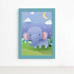 Quadro Infantil Safari Feliz Elefante no Campo Azul 22x32cm