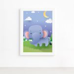 Quadro Infantil Safari Feliz Elefante no Campo Branco 22x32