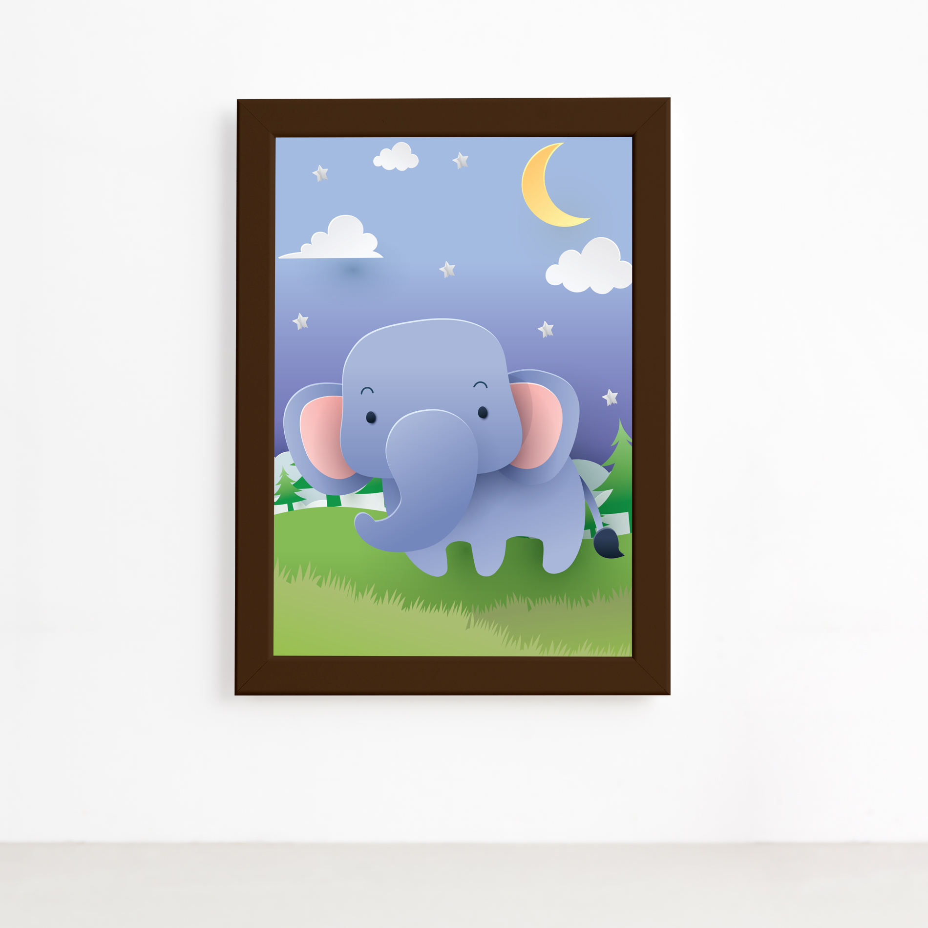 Imagem do quadro infantil Safari Feliz Elefante com dimensões 22x32 cm e fixação por fita dupla face