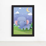 Quadro Infantil Safari Feliz Elefante no Campo Preto 22x32