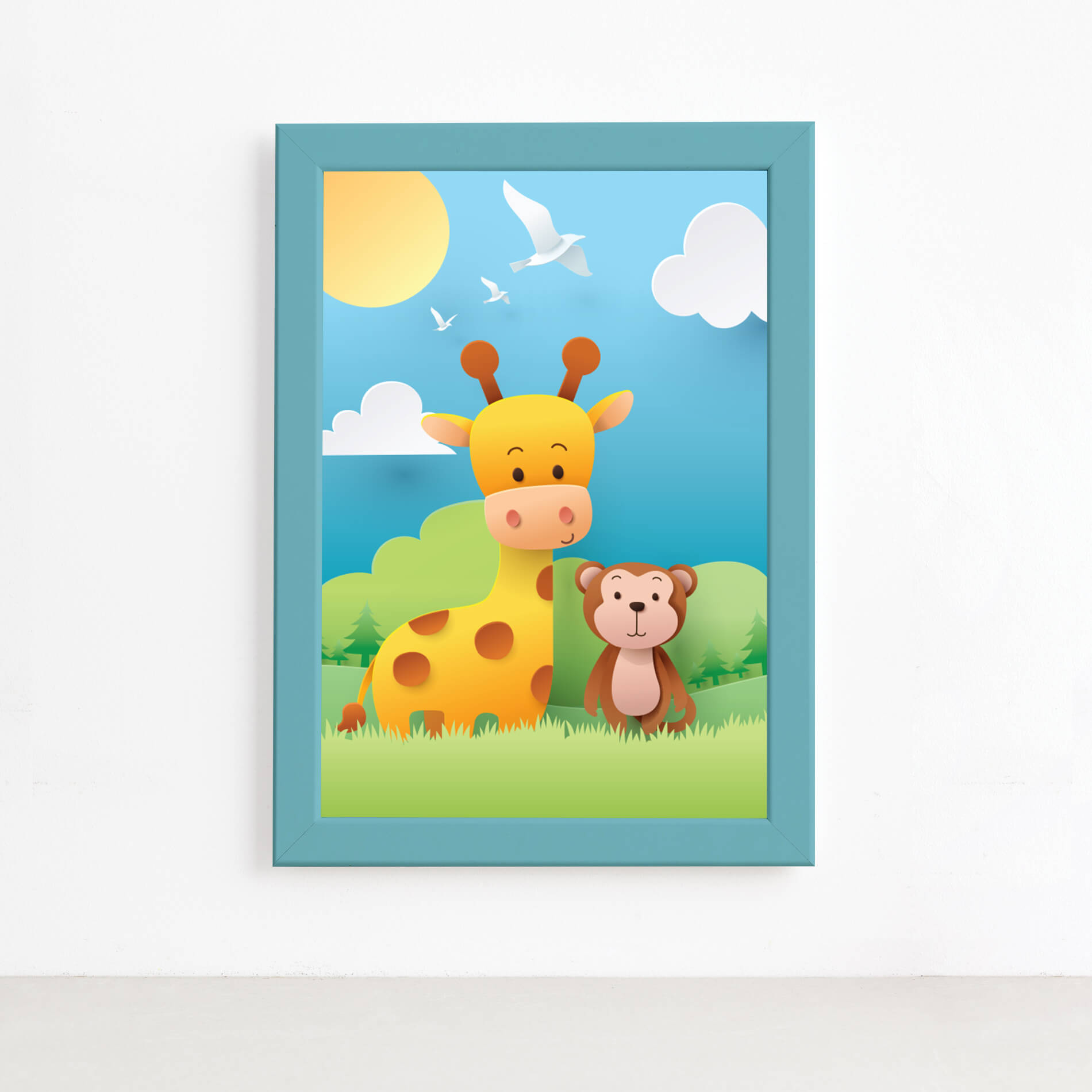 Quadro infantil Safari Feliz girafa e macaquinho azul com moldura retangular em MDF, mostrando dimensões 22x32 cm