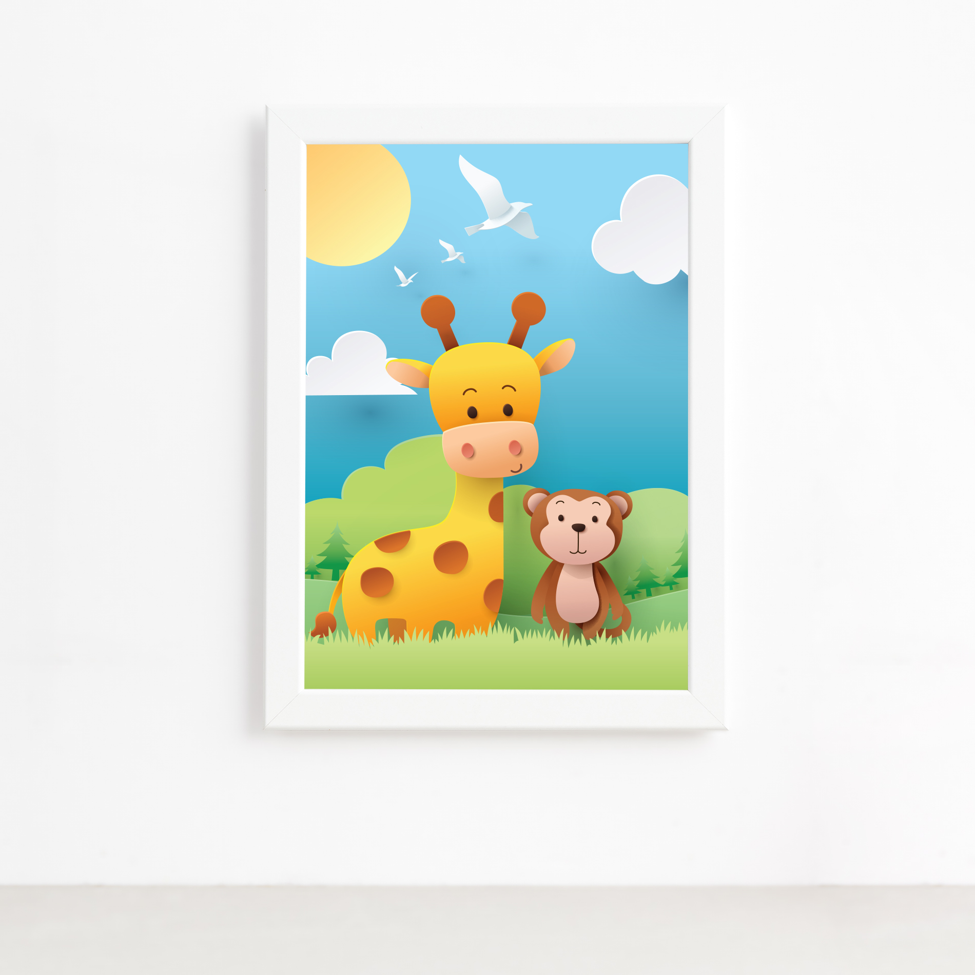 Quadro infantil Safari Feliz girafinha e macaco em MDF, mostrando detalhes da fixação com fita dupla face e acabamento