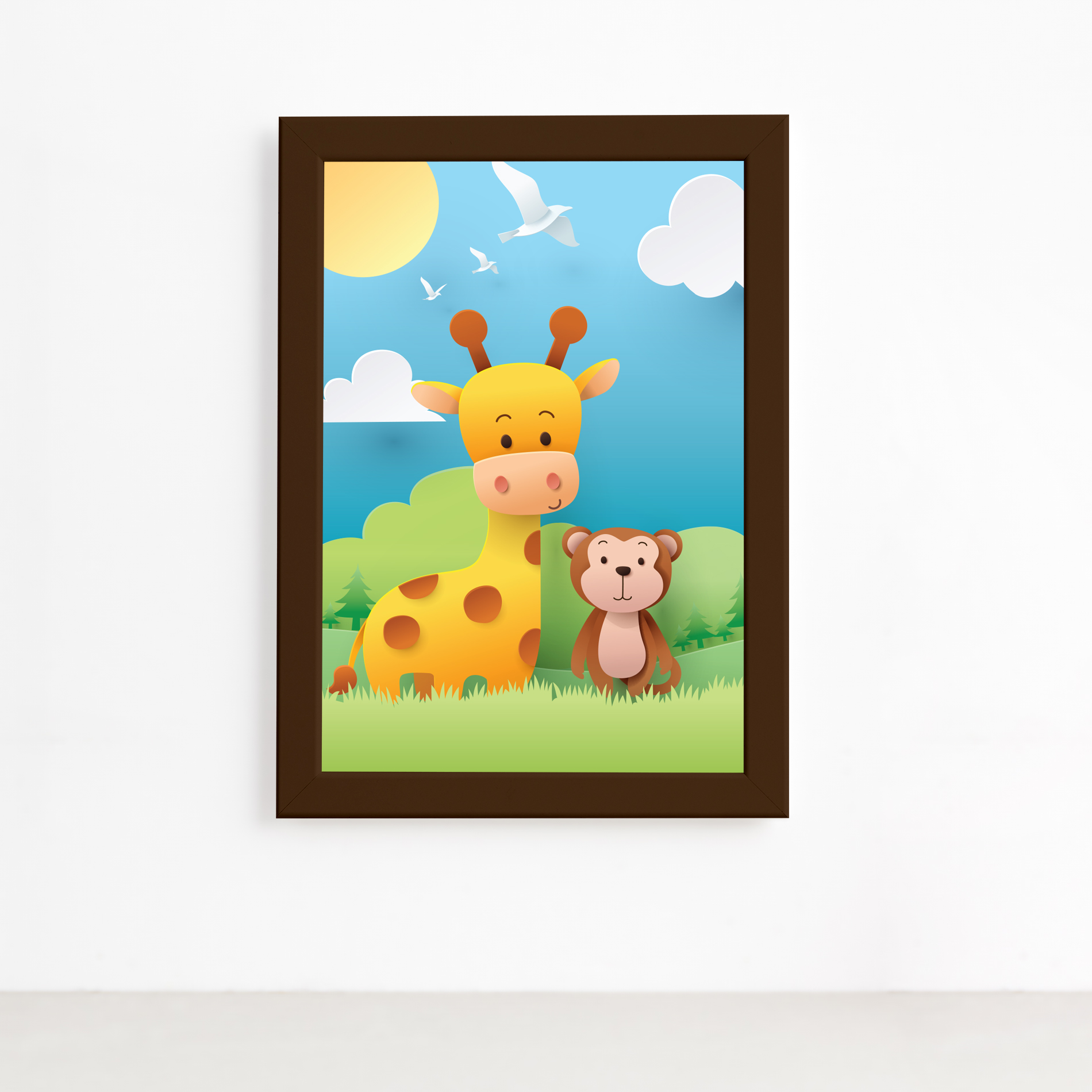 Imagem do quadro infantil Safari Feliz Girafinha e Macaco Marrom mostrando dimensões e detalhes para aplicação.