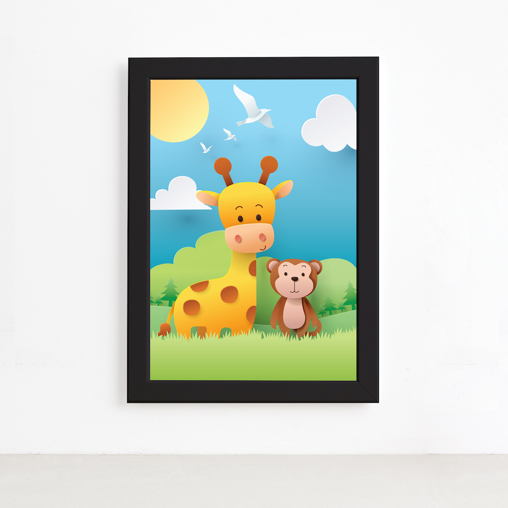 Quadro infantil Safari Feliz Girafinha e Macaco Preto 22x32 em MDF com fita dupla face para fixação