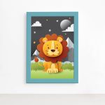 Quadro Infantil Safari Feliz Leão Céu Estrelado Azul 22x32cm