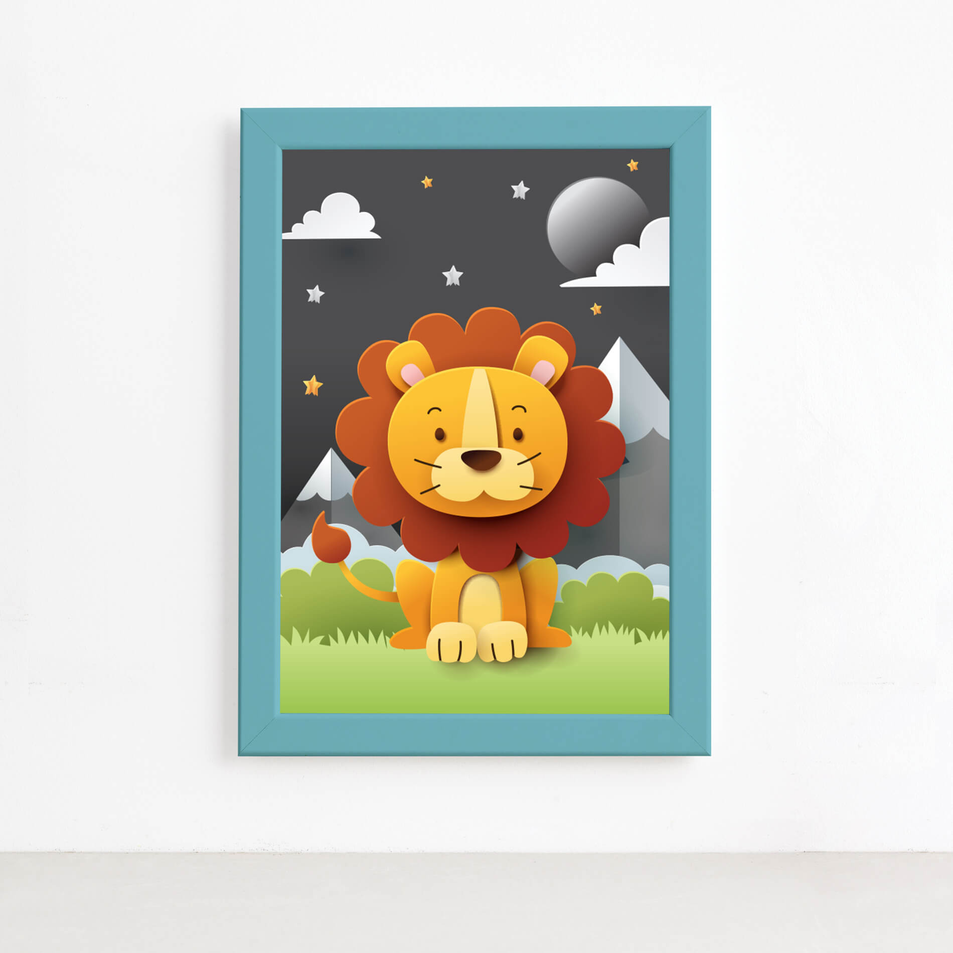 Imagem do quadro infantil Safari Feliz Leão com moldura azul e dimensões de 22x32cm, mostrando detalhes do produto para aplicação