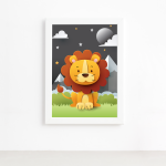 Quadro Infantil Safari Feliz Leão Céu Estrelado Branco 22x32