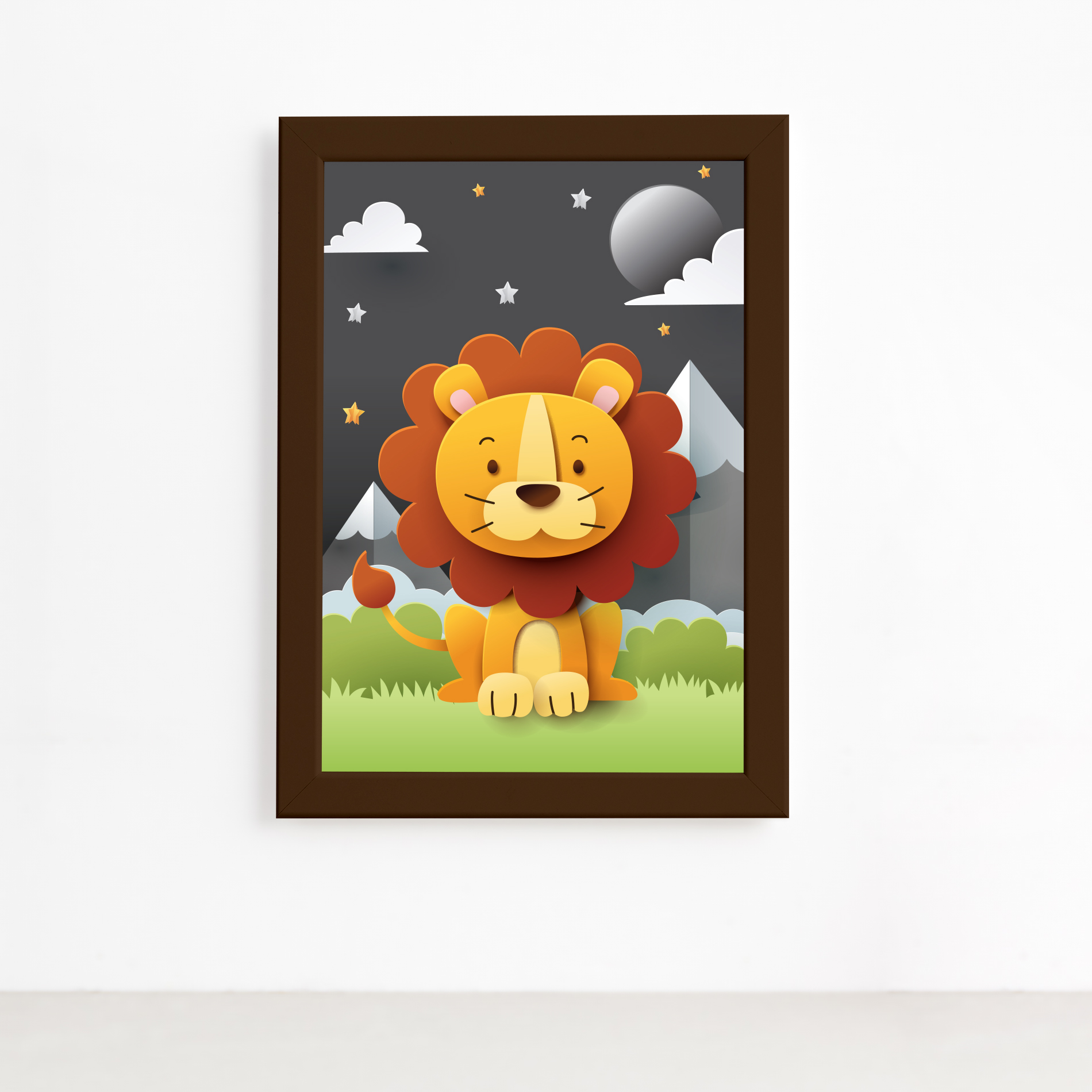 Quadro infantil Safari Feliz Leão com moldura marrom, mostrando detalhes do produto e dimensões 22x32cm.