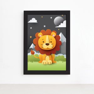 Quadro Infantil Safari Feliz Leão Céu Estrelado Preto 22x32