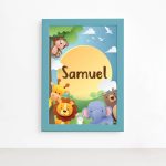 Quadro Infantil Safari Feliz Nome Personalizado Azul 22x32cm
