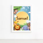 Quadro Infantil Safari Feliz Nome Personalizado Branco 33x43